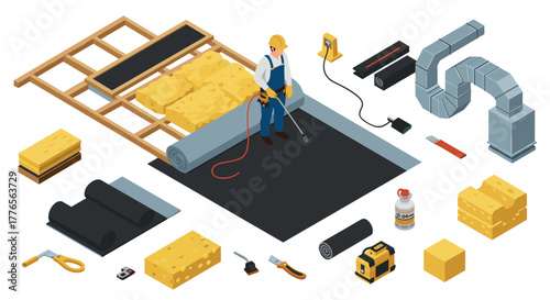 Isometric construction tools and insulation materials with worker in safety gear