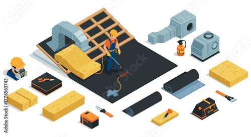 Construction worker installing roof insulation with tools and materials in isometric design