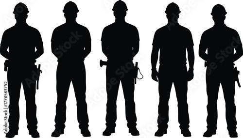 Construction workers silhouette, teamwork, hard hats, labor force, industrial crew, safety gear, skilled trades, black figures, occupational unity, jobsite icons