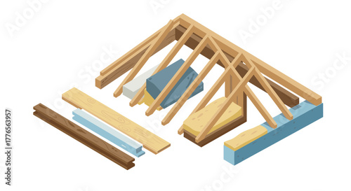 Isometric timber roof truss components for construction projects