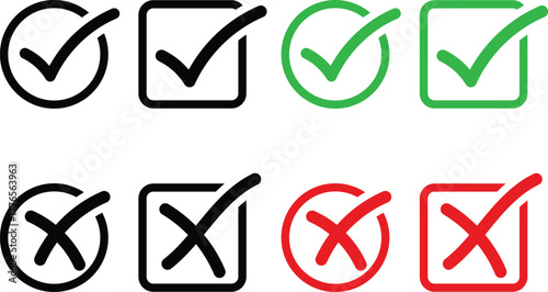 hand drawn check mark and cross mark icon set. Yes no sign. Approve and reject symbol. Green Tick and Red X Sign