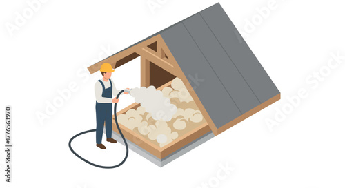 Isometric insulation installation attic worker with protective gear and foam spray