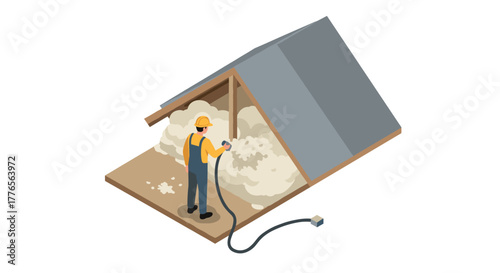 Worker applying spray foam insulation in attic space isometric style