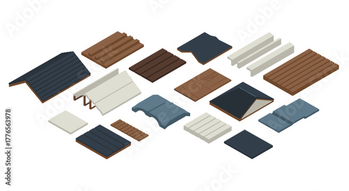 Isometric roof tiles collection diverse materials and designs for construction