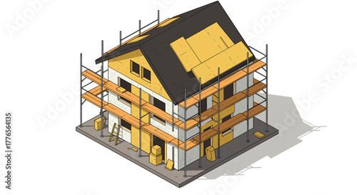 Isometric house construction with scaffolding and roof installation