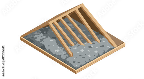 Isometric roof insulation with wooden joists and grey material