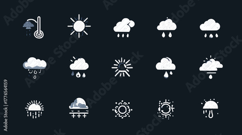 A diverse collection of white weather forecast icons.