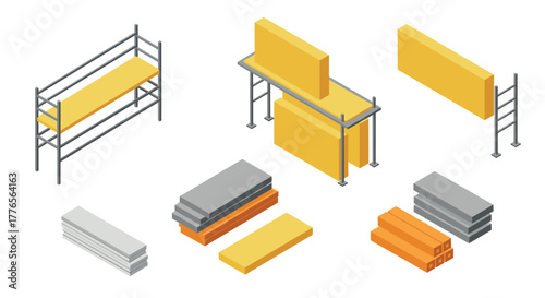 Isometric construction materials beams, scaffolding, and pipes in yellow and gray
