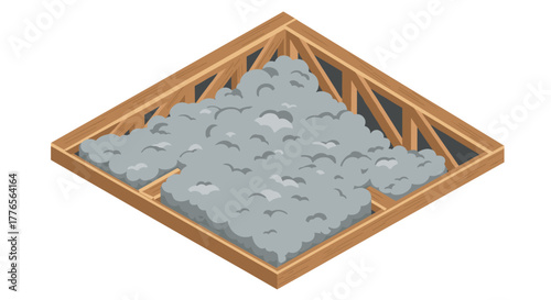 Isometric roof insulation with wooden structure and grey foam filling