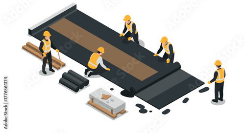 Isometric roof construction with workers using material and tools