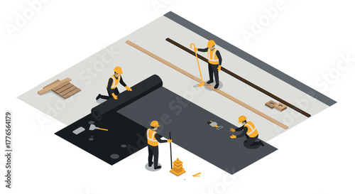 Construction workers installing flooring in isometric style with tools and materials