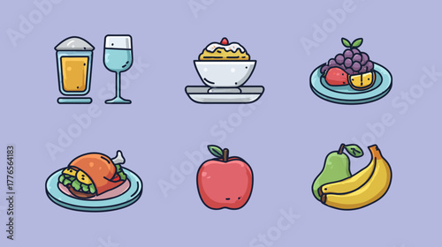 Assortment of Food and Drink Illustrations on a Light Purple Background.