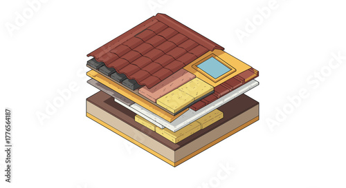 Isometric roof structure layers with tiles and skylight for architectural design