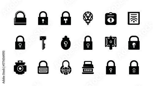 Black silhouette icon set of locks keys and modern digital security symbols.
