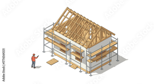Wooden house construction with scaffolding and worker in isometric style