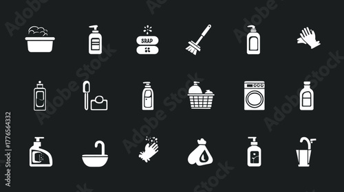 Collection of Cleaning and Laundry Supplies Icons.