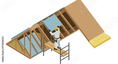 Isometric construction worker installing insulation in attic with wooden framework