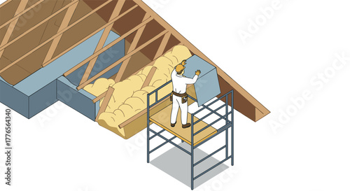 Isometric building roof construction with worker installing insulation