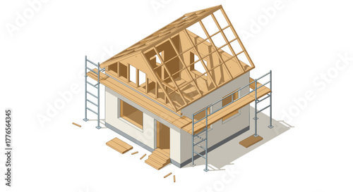 Isometric wooden house construction with scaffolding and roof framework