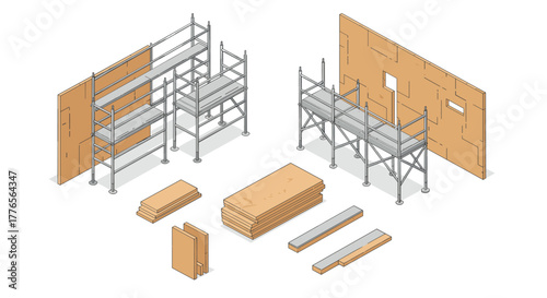 Construction site equipment with scaffolding and plywood boards in isometric design