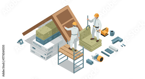 Construction workers in isometric style building with insulation materials