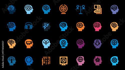 Collection of Brain Icons Representing Artificial Intelligence and Cognitive Functions.