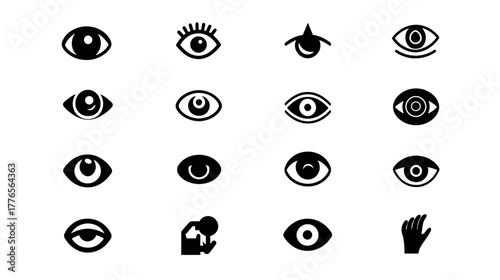 Collection of diverse eye icons representing vision and observation in various styles.