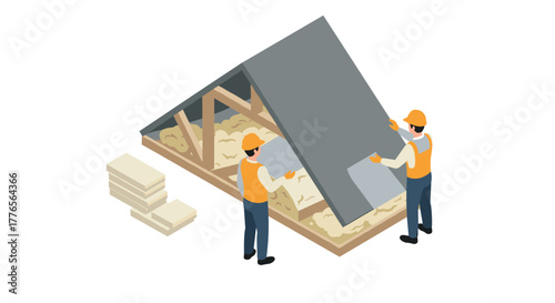 Isometric roof construction with workers installing insulation panels