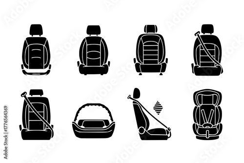 Modern Minimalist Car Seat Icon: Flat Silhouette, Automotive Seating Component Vector for Vehicle Illustration, Interior, Design, Safety.