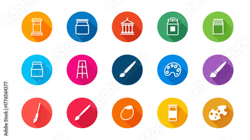 Collection of Colorful Art and Craft Tool Icons with Long Shadows.