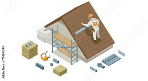 Isometric roof construction with worker and building materials