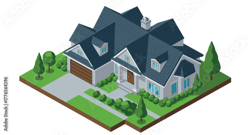 Charming suburban house with modern landscaping in isometric design