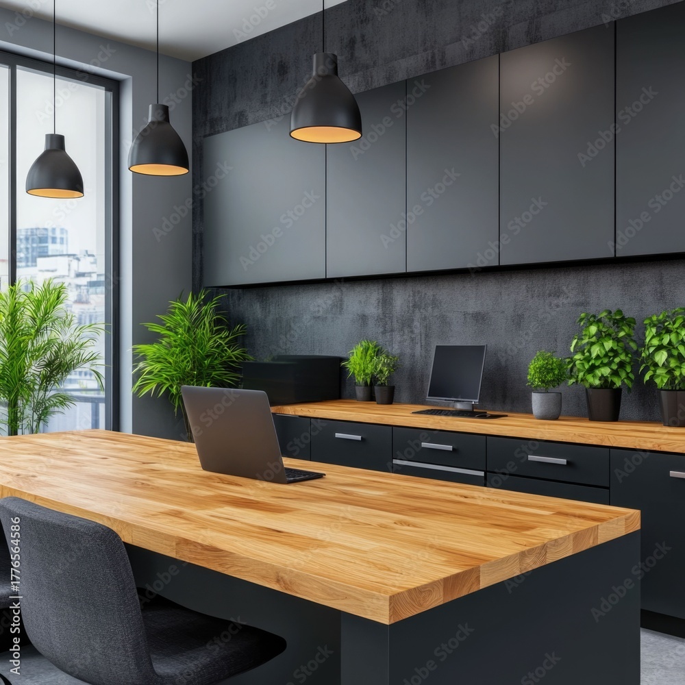 Fototapeta premium Sleek and Sophisticated Workspace with a Light Wood Countertop Offering a Harmonious and Productivity Enhancing Environment with Natural Lighting and Greenery Accents