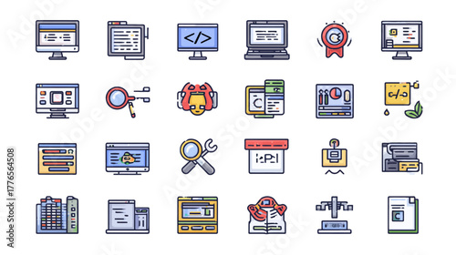 Collection of Flat Color Line Icons for Technology and Business.