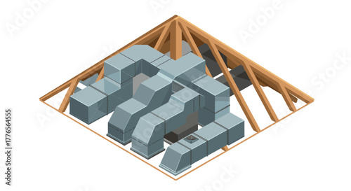 Isometric hvac ductwork system in attic with wooden trusses