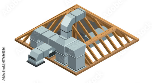 Isometric hvac duct system in wooden attic framework