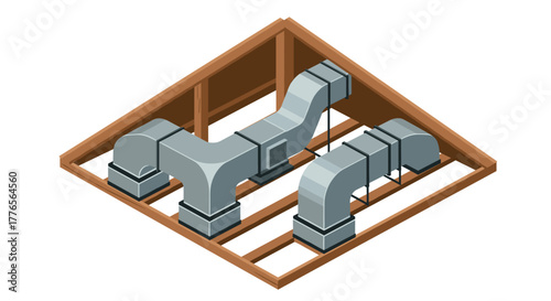 Isometric hvac ductwork in attic frame with metal ventilation pipes