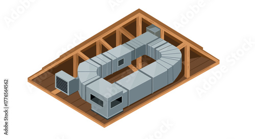 Isometric hvac system in attic with metal ducts and wooden structure