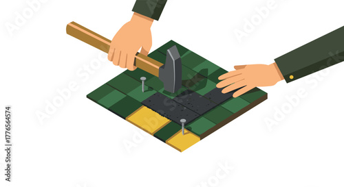 Isometric tool and construction concept with hands hammering nails on pavement tiles