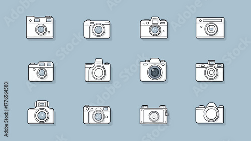 Collection of hand drawn vintage and retro photo cameras.