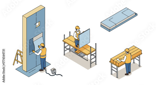 Construction workers performing tasks with wall panels and tools in isometric style