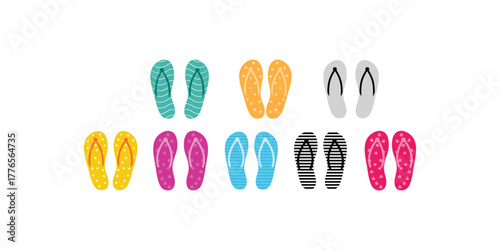 Colorful flip flops collection, summer beach slippers vector illustration , tropical vacation footwear design for travel  holiday pool party,  seaside resort and beachwear fashion.