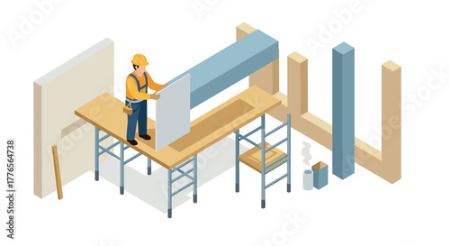 Construction worker installing drywall in isometric building site scene