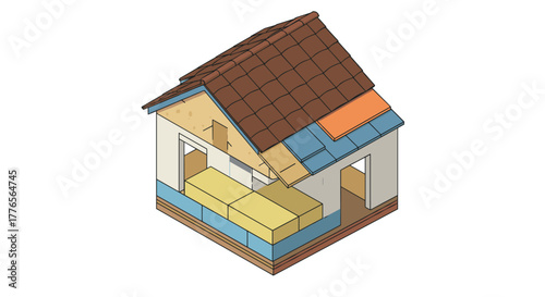 Isometric cutaway of modern house roof and walls in construction design
