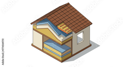 Isometric cutaway of a house showing roof and wall insulation layers