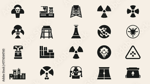 Collection of Nuclear and Radiation Hazard Icons in Black Silhouette.
