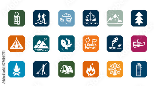 Collection of outdoor adventure and camping icons for leisure activities.