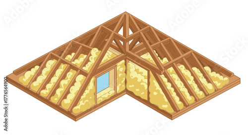 Isometric attic roof insulation with wooden beams and foam filling