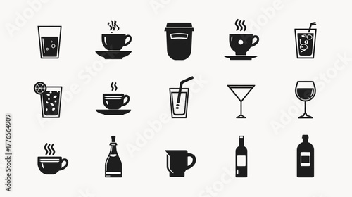 Collection of various beverage icons including coffee, tea, juice, and alcoholic drinks.