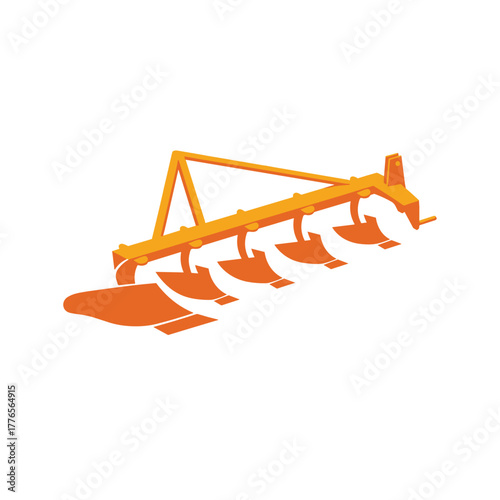 Orange agricultural plow with multiple blades in simple design  